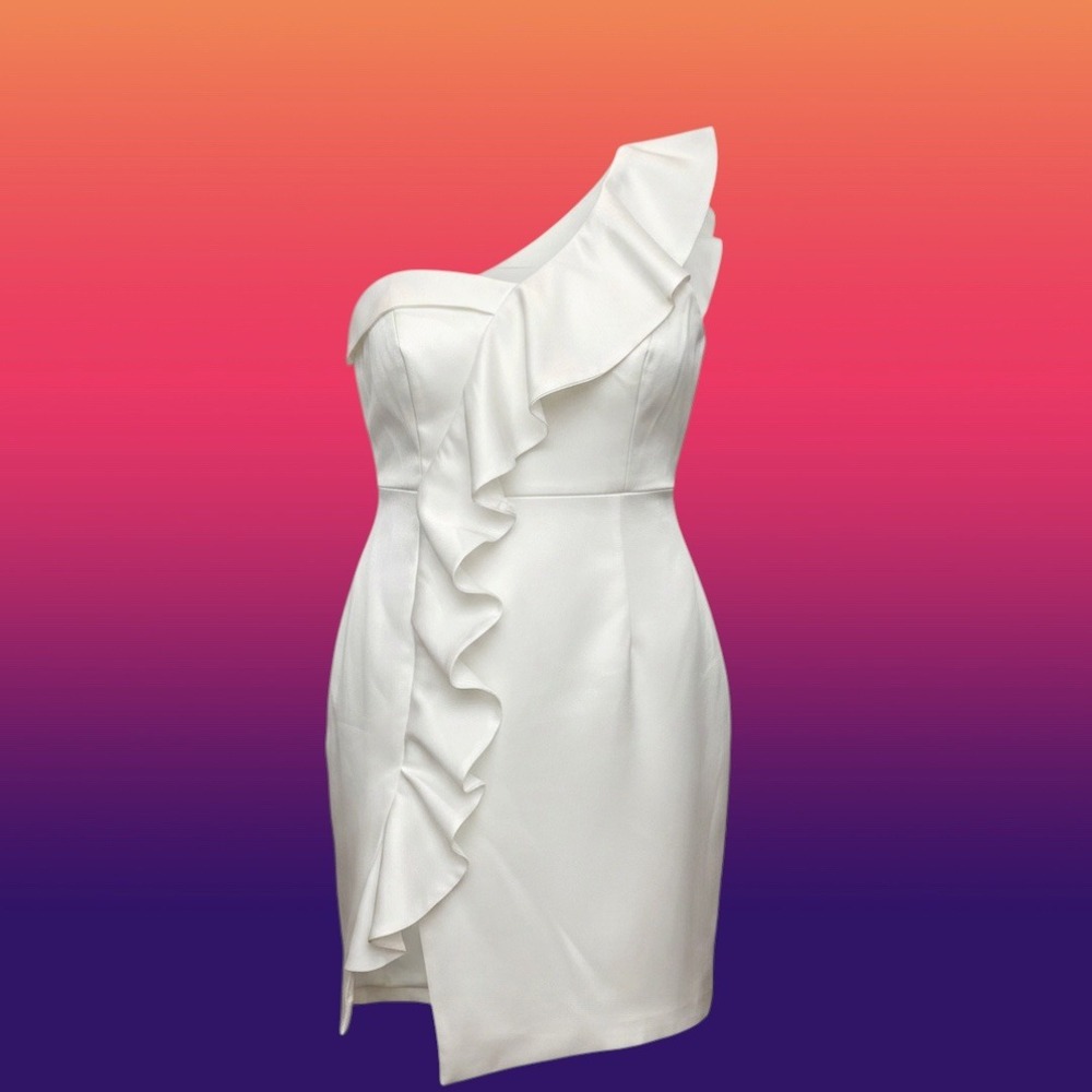 DO+BE White One Shoulder Ruffle Mini Dress Cocktail Bridal Party Women L flaw